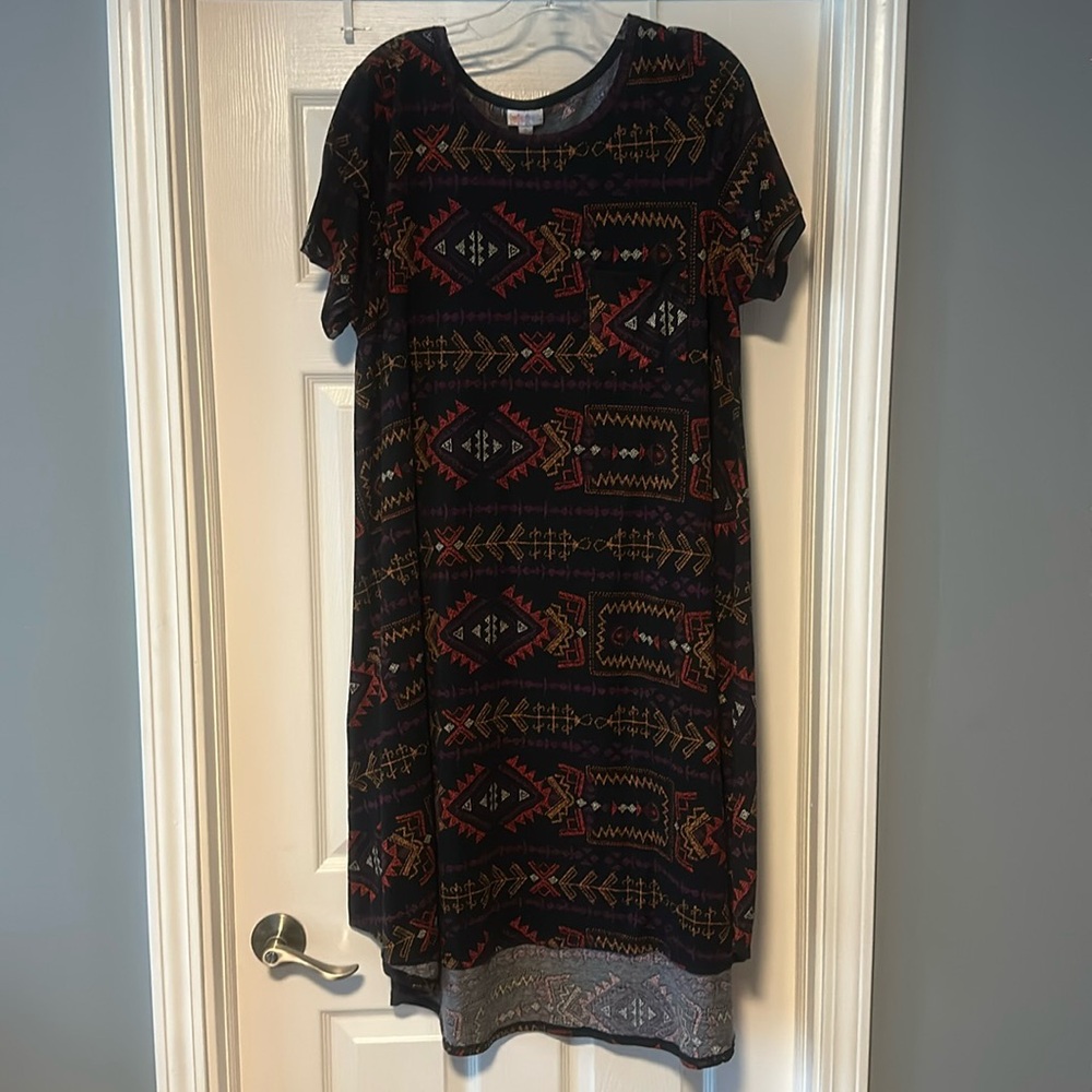 LuLaRoe, Casual Dress, XL, Black with red, yellow, purple and white